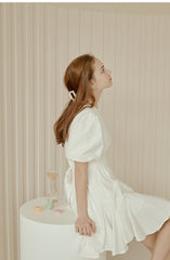 Flared A-Line Cotton Poplin Dress with Puff Sleeves and Fitted Bodice for Feminine Silhouette