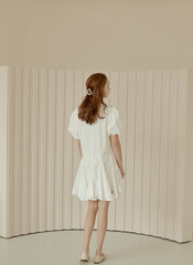 Flared A-Line Cotton Poplin Dress with Puff Sleeves and Fitted Bodice for Feminine Silhouette