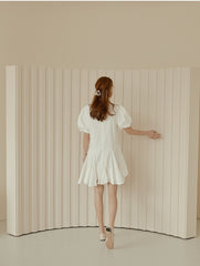 Flared A-Line Cotton Poplin Dress with Puff Sleeves and Fitted Bodice for Feminine Silhouette