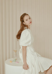 Flared A-Line Cotton Poplin Dress with Puff Sleeves and Fitted Bodice for Feminine Silhouette