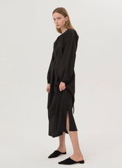 Elegant Long Sleeve Midi Dress In Breathable Linen With Gathered Neckline And Tie Waist