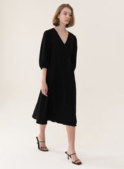Elegant Wrap-Style Midi Linen Dress With Puff Sleeves And Adjustable Waist Tie