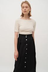 High-Waisted Button-Front Linen Midi Skirt with Pleated Detail and Back Vent