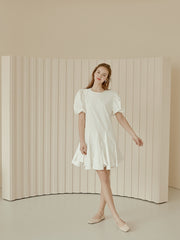Flared A-Line Cotton Poplin Dress with Puff Sleeves and Fitted Bodice for Feminine Silhouette