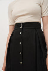 High-Waisted Button-Front Linen Midi Skirt with Pleated Detail and Back Vent
