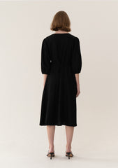 Elegant Wrap-Style Midi Linen Dress With Puff Sleeves And Adjustable Waist Tie