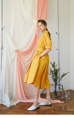 Elegant A-Line Button-Front Midi Dress in Breathable Linen with Waistband Detailing