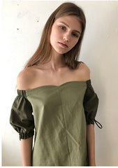 Off-Shoulder Puff Sleeve Midi Dress in Lightweight Breathable Linen Fabric for Women