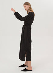 Elegant Long Sleeve Midi Dress In Breathable Linen With Gathered Neckline And Tie Waist