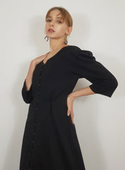 V-Neck Linen Midi Dress with 3/4 Sleeves and Button-Down Front for an Elegant, Feminine Silhouette