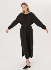 Elegant Long Sleeve Midi Dress In Breathable Linen With Gathered Neckline And Tie Waist