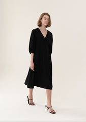 Elegant Wrap-Style Midi Linen Dress With Puff Sleeves And Adjustable Waist Tie