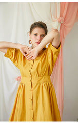 Elegant A-Line Button-Front Midi Dress in Breathable Linen with Waistband Detailing