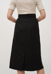 High-Waisted Button-Front Linen Midi Skirt with Pleated Detail and Back Vent