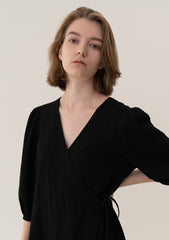 Elegant Wrap-Style Midi Linen Dress With Puff Sleeves And Adjustable Waist Tie