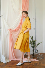 Elegant A-Line Button-Front Midi Dress in Breathable Linen with Waistband Detailing