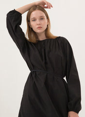 Elegant Long Sleeve Midi Dress In Breathable Linen With Gathered Neckline And Tie Waist