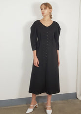V-Neck Linen Midi Dress with 3/4 Sleeves and Button-Down Front for an Elegant, Feminine Silhouette