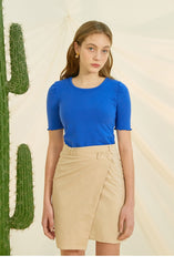 Asymmetric Wrap High-Waist Skirt in Linen Fabric with Minimalist Button Detail