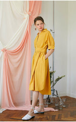 Elegant A-Line Button-Front Midi Dress in Breathable Linen with Waistband Detailing