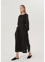 Elegant Long Sleeve Midi Dress In Breathable Linen With Gathered Neckline And Tie Waist