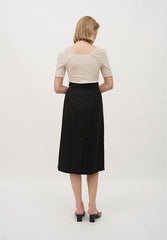 High-Waisted Button-Front Linen Midi Skirt with Pleated Detail and Back Vent