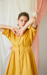 Elegant A-Line Button-Front Midi Dress in Breathable Linen with Waistband Detailing