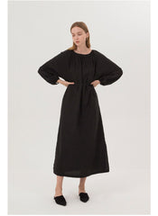 Elegant Long Sleeve Midi Dress In Breathable Linen With Gathered Neckline And Tie Waist