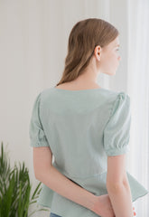 Linen Peplum Blouse for Women with Puff Sleeves and Square Neckline for a Soft Feminine Silhouette