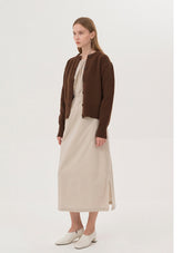 Balloon Sleeve Midi Dress in Breathable Linen with Gathered Neckline and Waist Tie