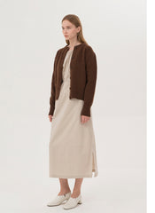 Balloon Sleeve Midi Dress in Breathable Linen with Gathered Neckline and Waist Tie