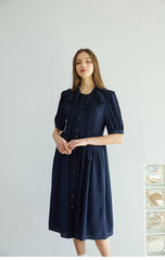 Elegant Button-Down Midi Linen Dress With Gathered Waist And Puff Sleeves For Refined Style