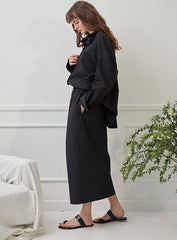 High-Waisted Linen Skirt with Front Slit and Elasticated Waistband