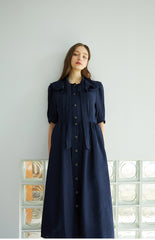Elegant Button-Down Midi Linen Dress With Gathered Waist And Puff Sleeves For Refined Style