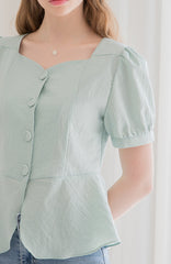 Linen Peplum Blouse for Women with Puff Sleeves and Square Neckline for a Soft Feminine Silhouette