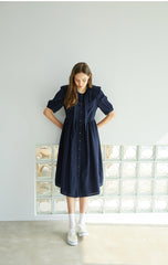 Elegant Button-Down Midi Linen Dress With Gathered Waist And Puff Sleeves For Refined Style
