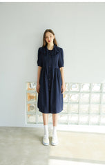Elegant Button-Down Midi Linen Dress With Gathered Waist And Puff Sleeves For Refined Style