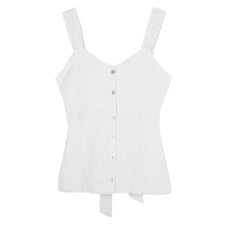 Sleeveless Button Front Linen Top for Women with Back Tie and Soft V-Neckline