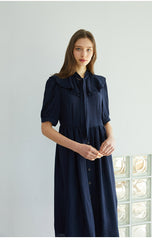 Elegant Button-Down Midi Linen Dress With Gathered Waist And Puff Sleeves For Refined Style