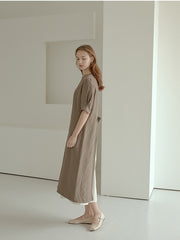 Elegant Puff Sleeve Midi Linen Dress with Back Tie Detail and Minimalist Silhouette