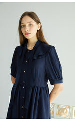 Elegant Button-Down Midi Linen Dress With Gathered Waist And Puff Sleeves For Refined Style