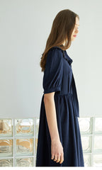 Elegant Button-Down Midi Linen Dress With Gathered Waist And Puff Sleeves For Refined Style
