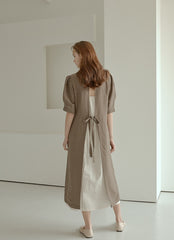 Elegant Puff Sleeve Midi Linen Dress with Back Tie Detail and Minimalist Silhouette
