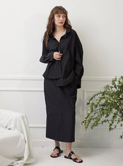 High-Waisted Linen Skirt with Front Slit and Elasticated Waistband