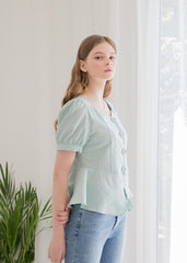 Linen Peplum Blouse for Women with Puff Sleeves and Square Neckline for a Soft Feminine Silhouette