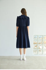 Elegant Button-Down Midi Linen Dress With Gathered Waist And Puff Sleeves For Refined Style