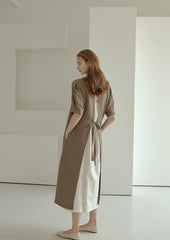 Elegant Puff Sleeve Midi Linen Dress with Back Tie Detail and Minimalist Silhouette