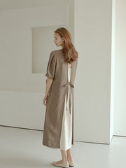 Elegant Puff Sleeve Midi Linen Dress with Back Tie Detail and Minimalist Silhouette