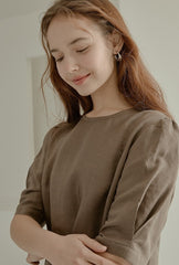 Elegant Puff Sleeve Midi Linen Dress with Back Tie Detail and Minimalist Silhouette