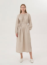 Balloon Sleeve Midi Dress in Breathable Linen with Gathered Neckline and Waist Tie